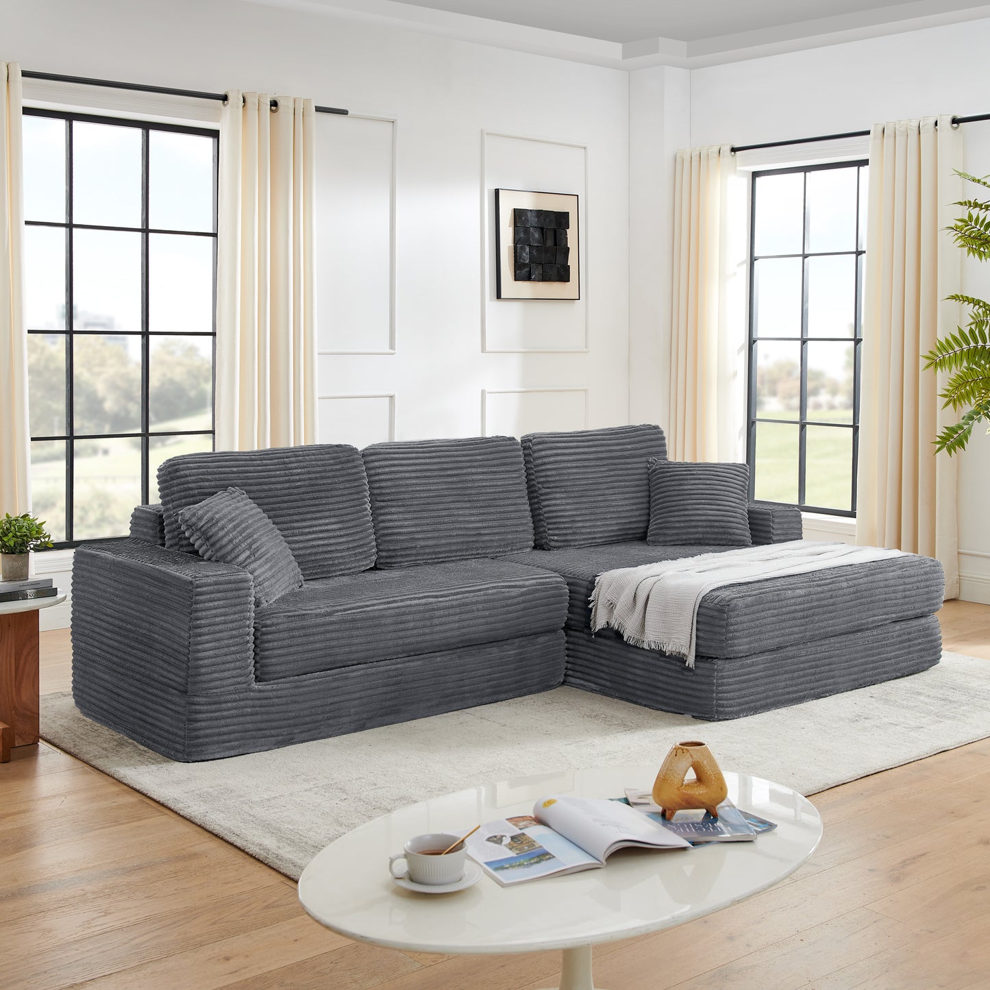 Muumblus 112" Oversized Modular Sectional Sleeper Sofa, L-Shaped Convertible Sofa Bed, Boneless Cloud Couch for Living Room, Black (Right Facing Chaise)
