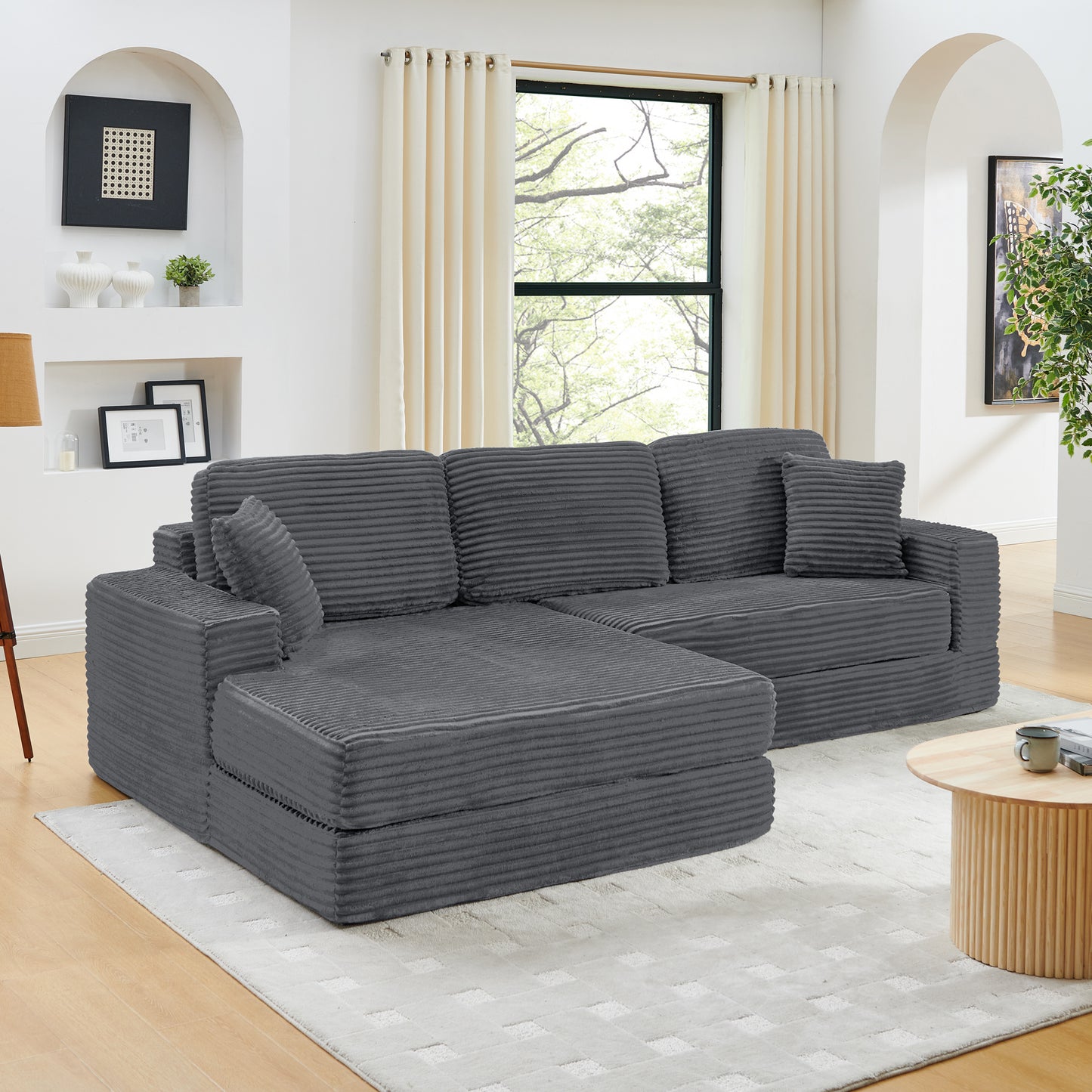 Muumblus 112" Oversized Modular Sectional Sleeper Sofa, L-Shaped Convertible Sofa Bed, Boneless Cloud Couch for Living Room, Black (Right Facing Chaise)