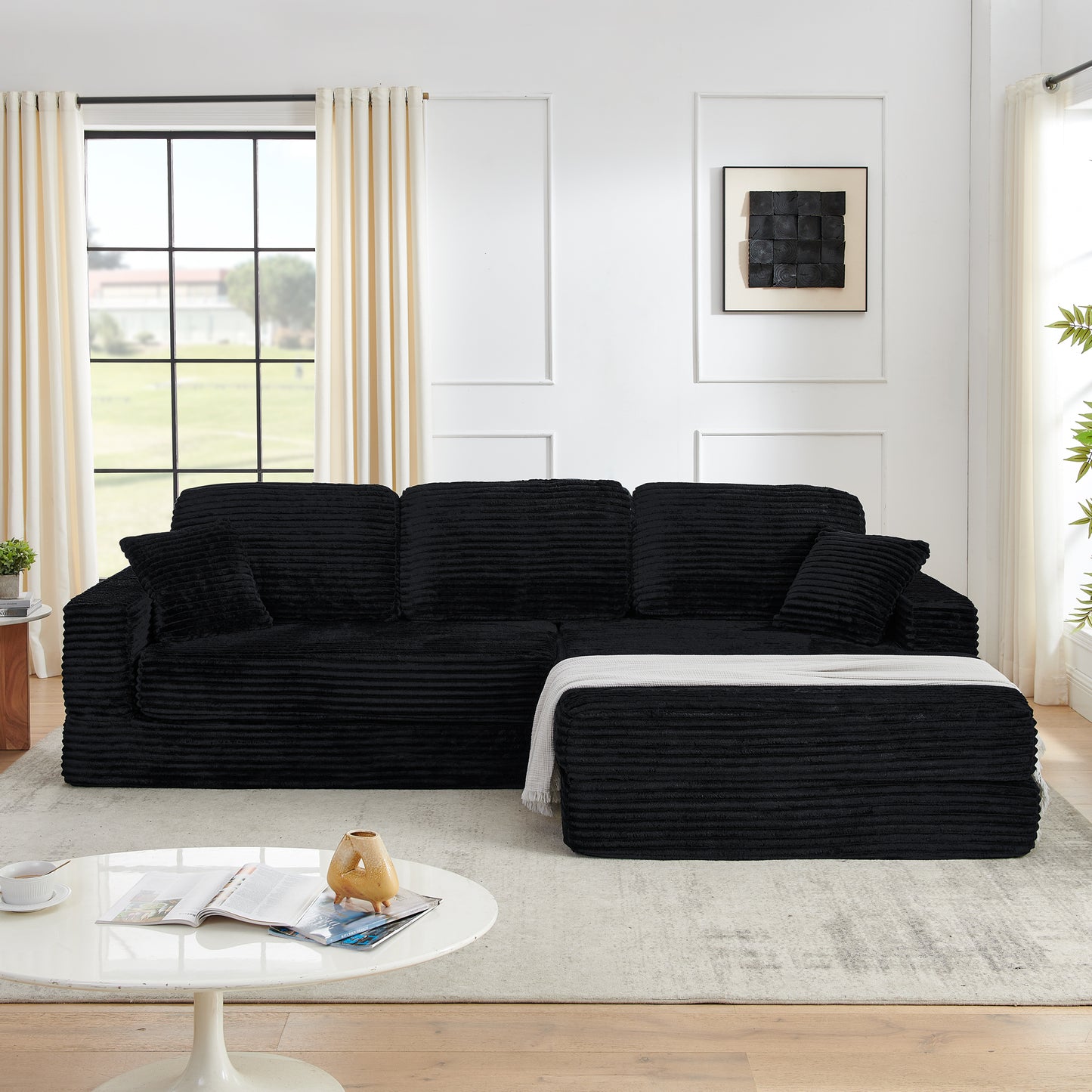 Muumblus 112" Oversized Modular Sectional Sleeper Sofa, L-Shaped Convertible Sofa Bed, Boneless Cloud Couch for Living Room, Black (Right Facing Chaise)