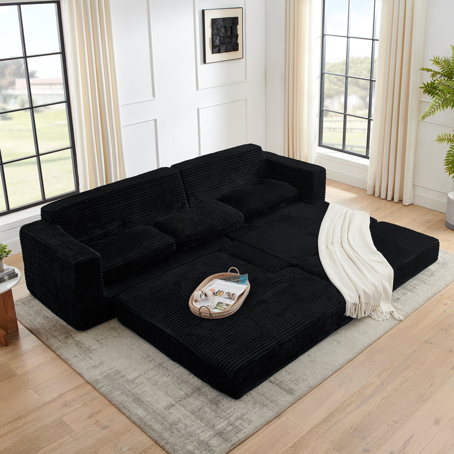 Muumblus 112" Oversized Modular Sectional Sleeper Sofa, L-Shaped Convertible Sofa Bed, Boneless Cloud Couch for Living Room, Black (Right Facing Chaise)