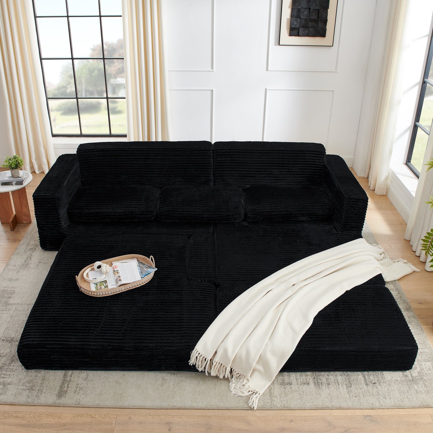 Muumblus 112" Oversized Modular Sectional Sleeper Sofa, L-Shaped Convertible Sofa Bed, Boneless Cloud Couch for Living Room, Black (Right Facing Chaise)