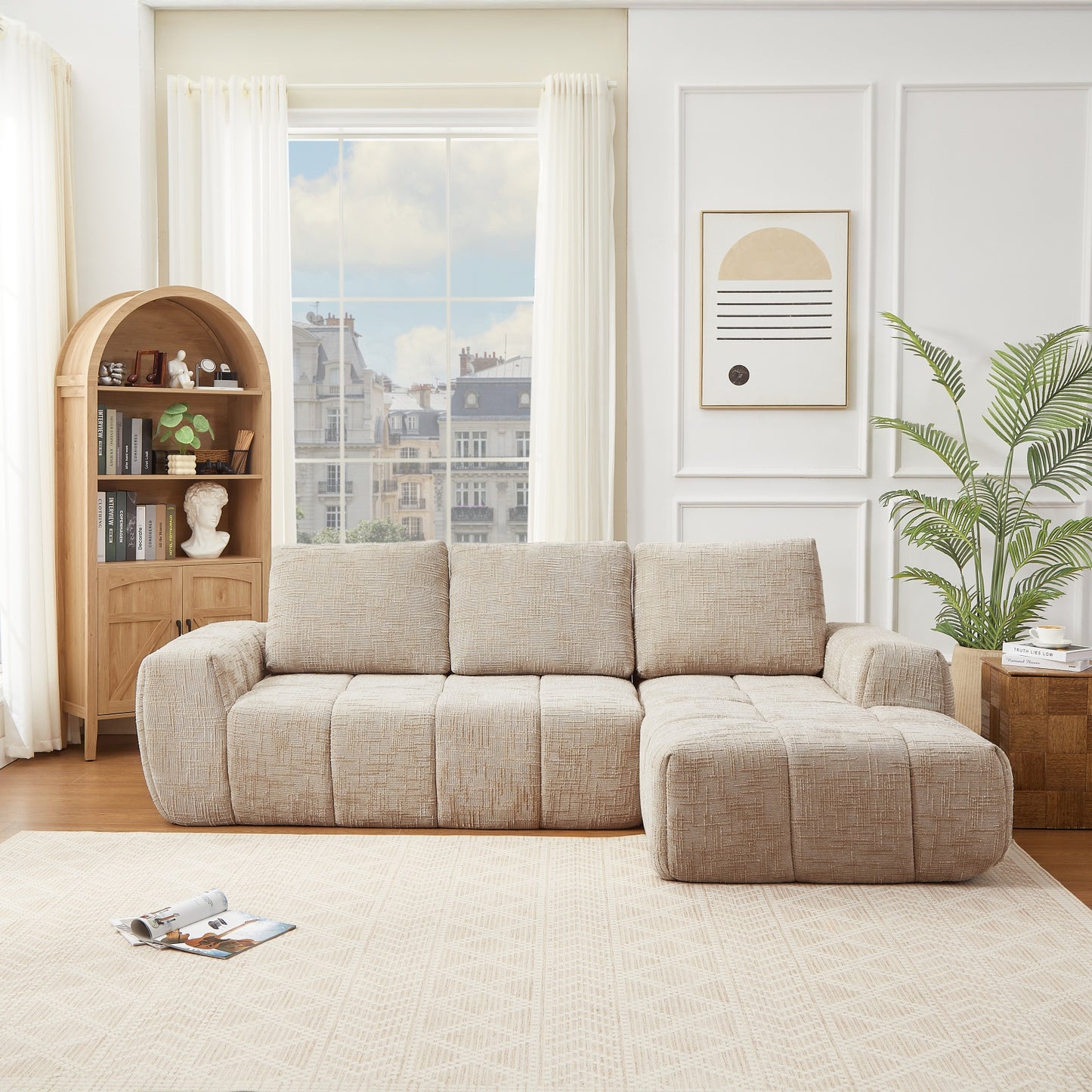 Muumblus 100" Modular Sectional Sofa, L-Shaped Cloud Couch with Chaise, No Assembly Boneless Sofa for Living Room, Khaki Chenille