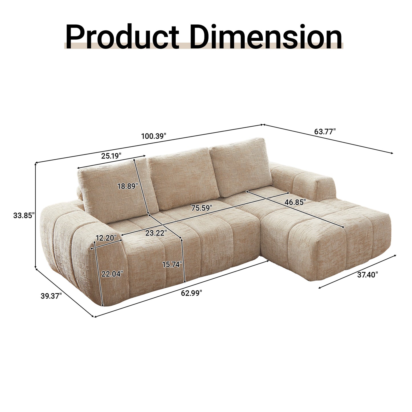 Muumblus 100" Modular Sectional Sofa, L-Shaped Cloud Couch with Chaise, No Assembly Boneless Sofa for Living Room, Khaki Chenille