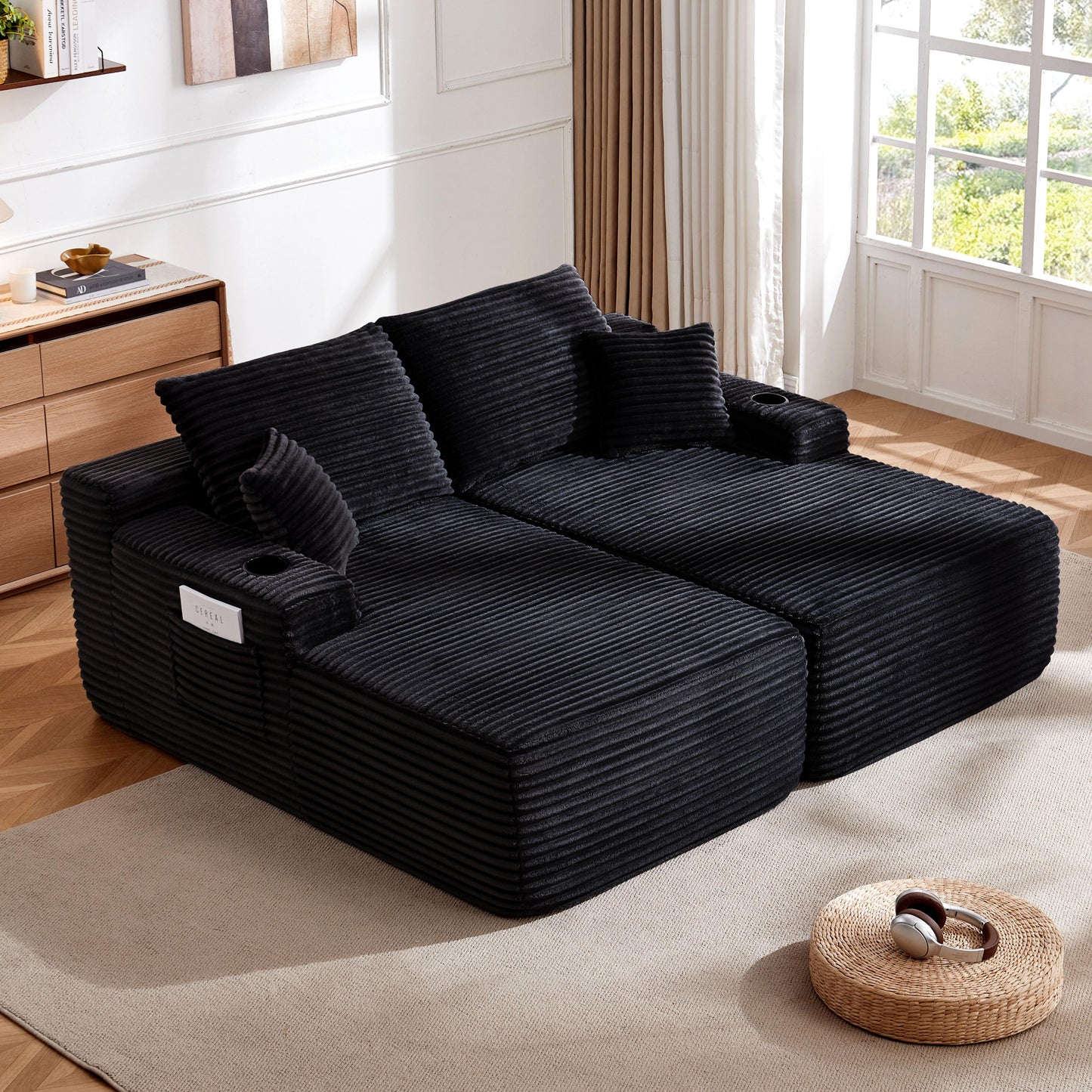 Muumblus Indoor Double Chaise Lounge Chair with Cup Holders, 69"W Oversized Deep Seat Cloud Sectional Sofa, Boneless Sleeper Sofa Bed, Black Corduroy