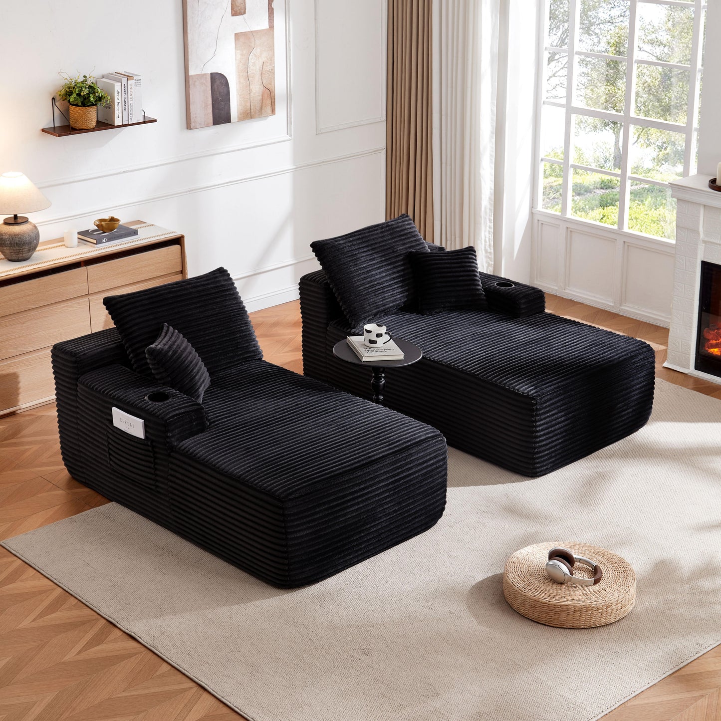 Muumblus Indoor Double Chaise Lounge Chair with Cup Holders, 69"W Oversized Deep Seat Cloud Sectional Sofa, Boneless Sleeper Sofa Bed, Black Corduroy