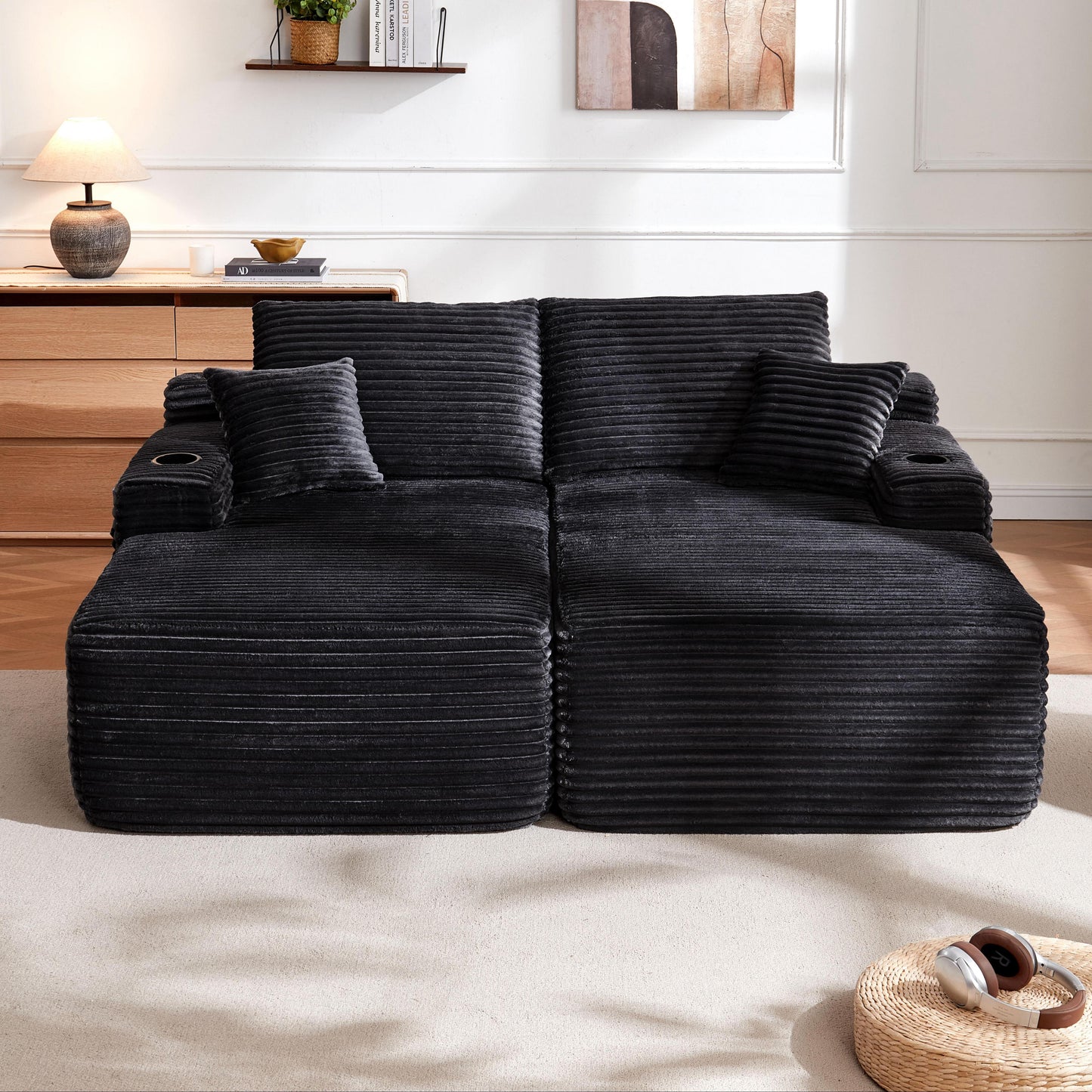 Muumblus Indoor Double Chaise Lounge Chair with Cup Holders, 69"W Oversized Deep Seat Cloud Sectional Sofa, Boneless Sleeper Sofa Bed, Black Corduroy