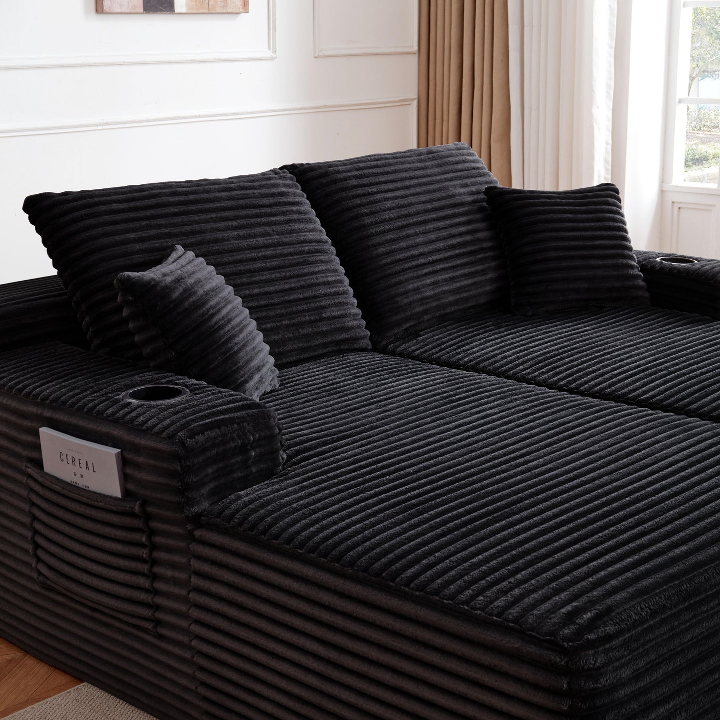Muumblus Indoor Double Chaise Lounge Chair with Cup Holders, 69"W Oversized Deep Seat Cloud Sectional Sofa, Boneless Sleeper Sofa Bed, Black Corduroy