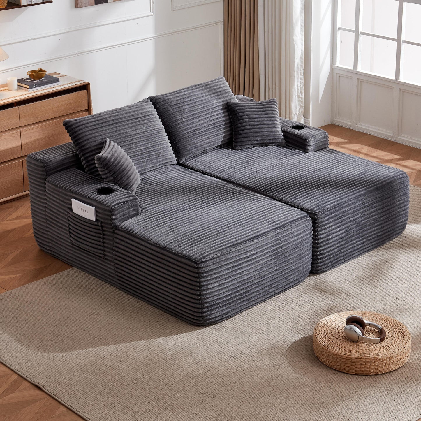 Muumblus Indoor Double Chaise Lounge Chair with Cup Holders, 69"W Oversized Deep Seat Cloud Sectional Sofa, Boneless Sleeper Sofa Bed, Black Corduroy