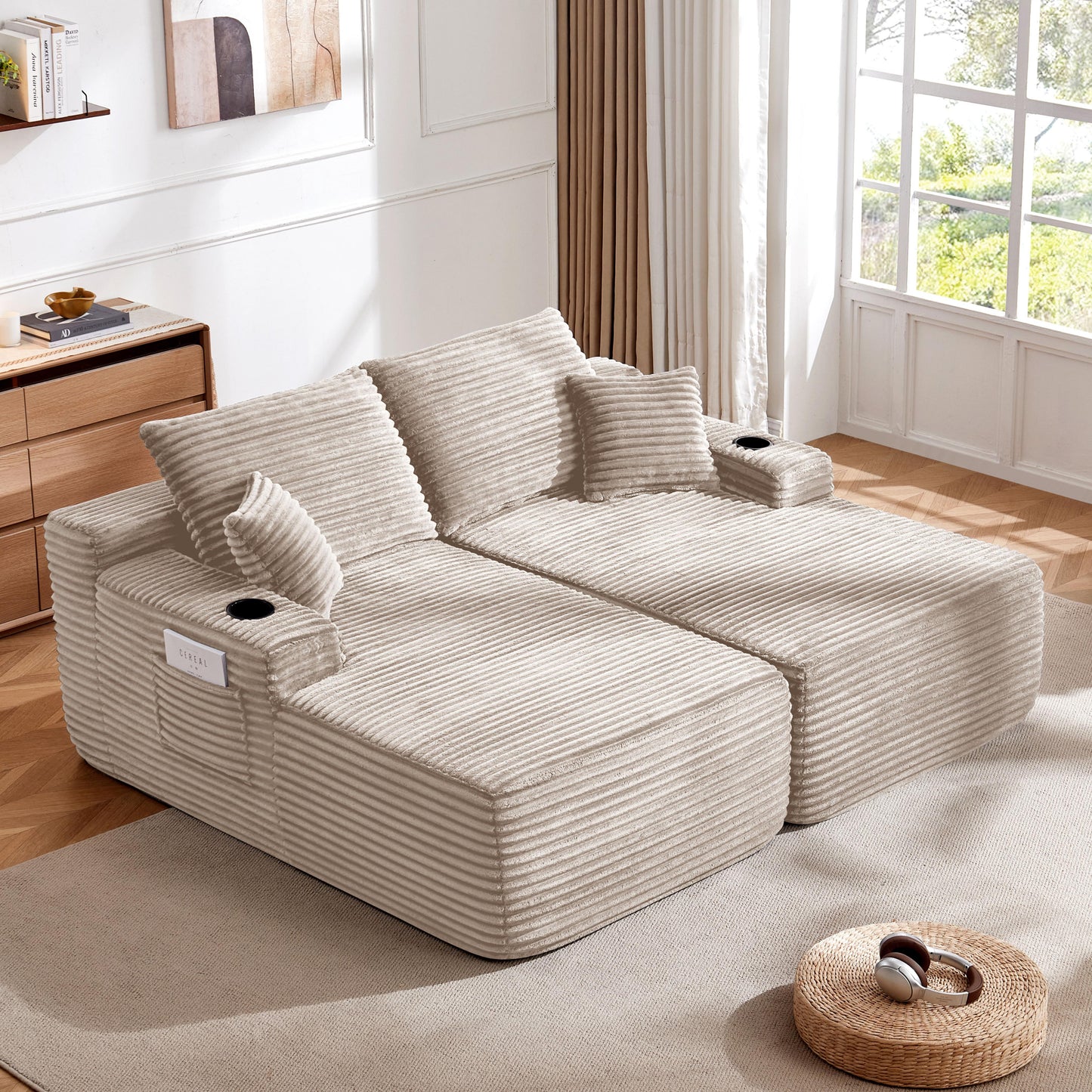 Muumblus Indoor Double Chaise Lounge Chair with Cup Holders, 69"W Oversized Deep Seat Cloud Sectional Sofa, Boneless Sleeper Sofa Bed, Black Corduroy