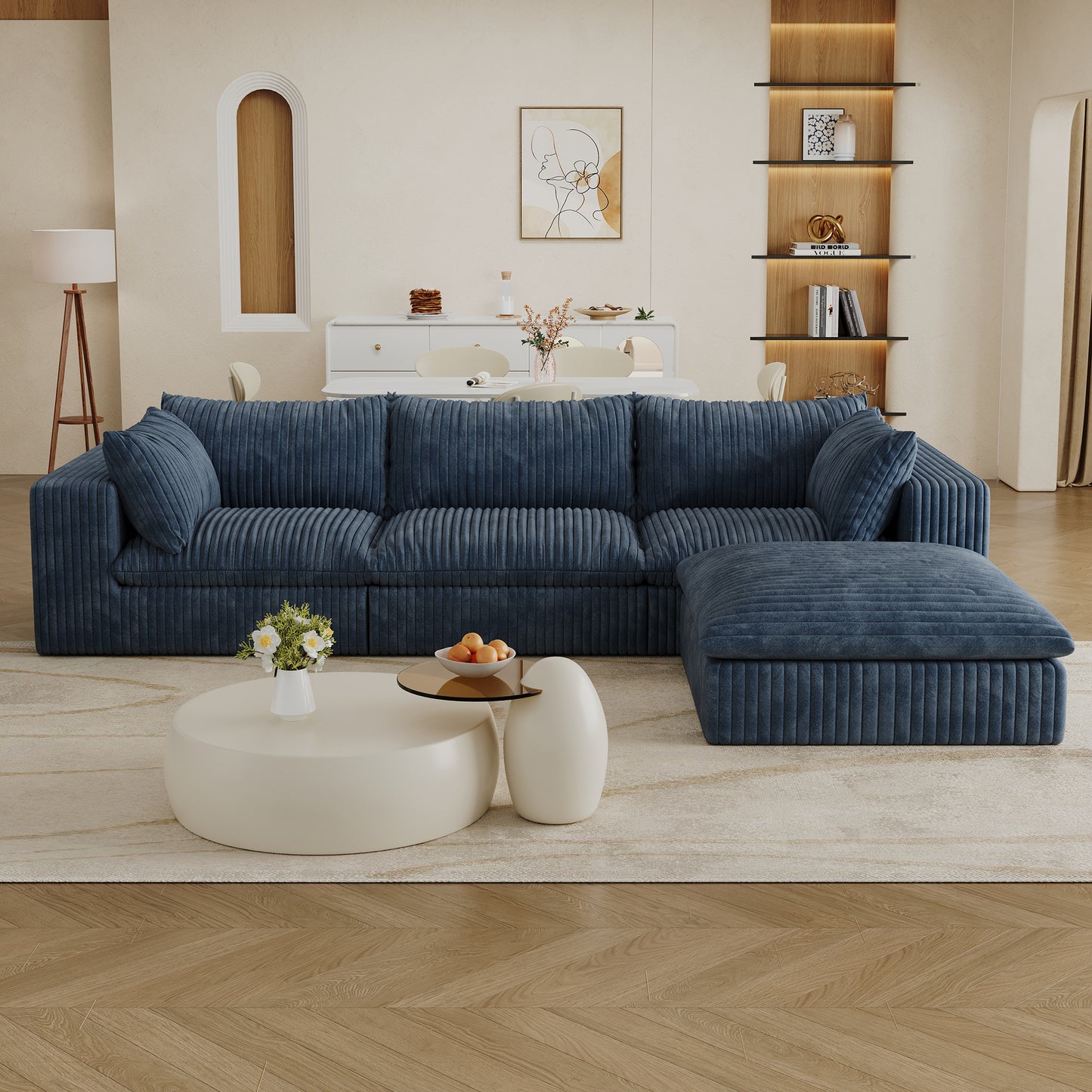 Muumblus Modular Sectional Sofa with Movable Ottoman, L-Shaped Deep Seat Corduroy Cloud Couch, No Assembly Boneless Couches for Living Room, White