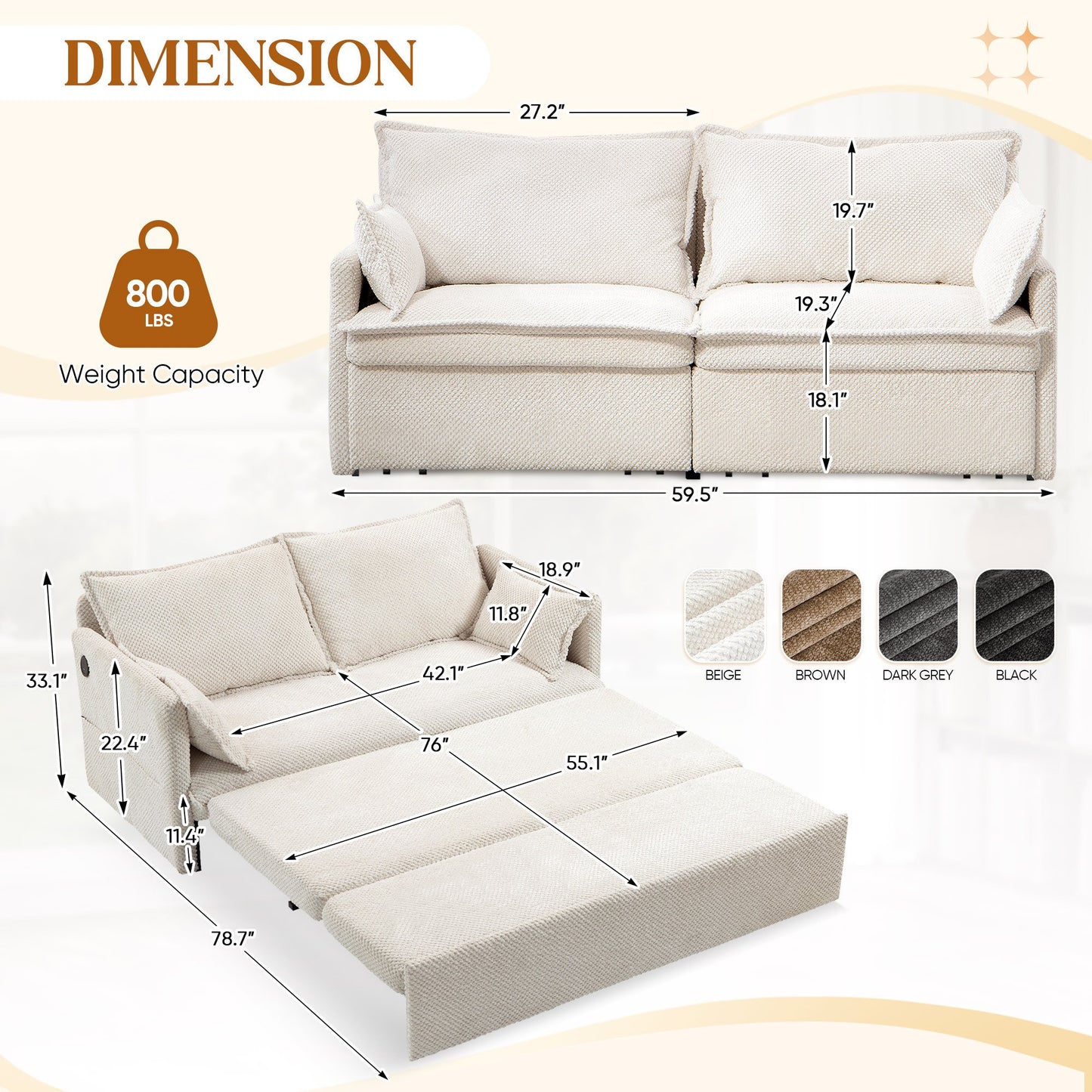 Muumblus  Futon Sofa Bed, Convertible Couch Bed with USB, Corduroy Loveseat Sleeper for Small Spaces, Beige