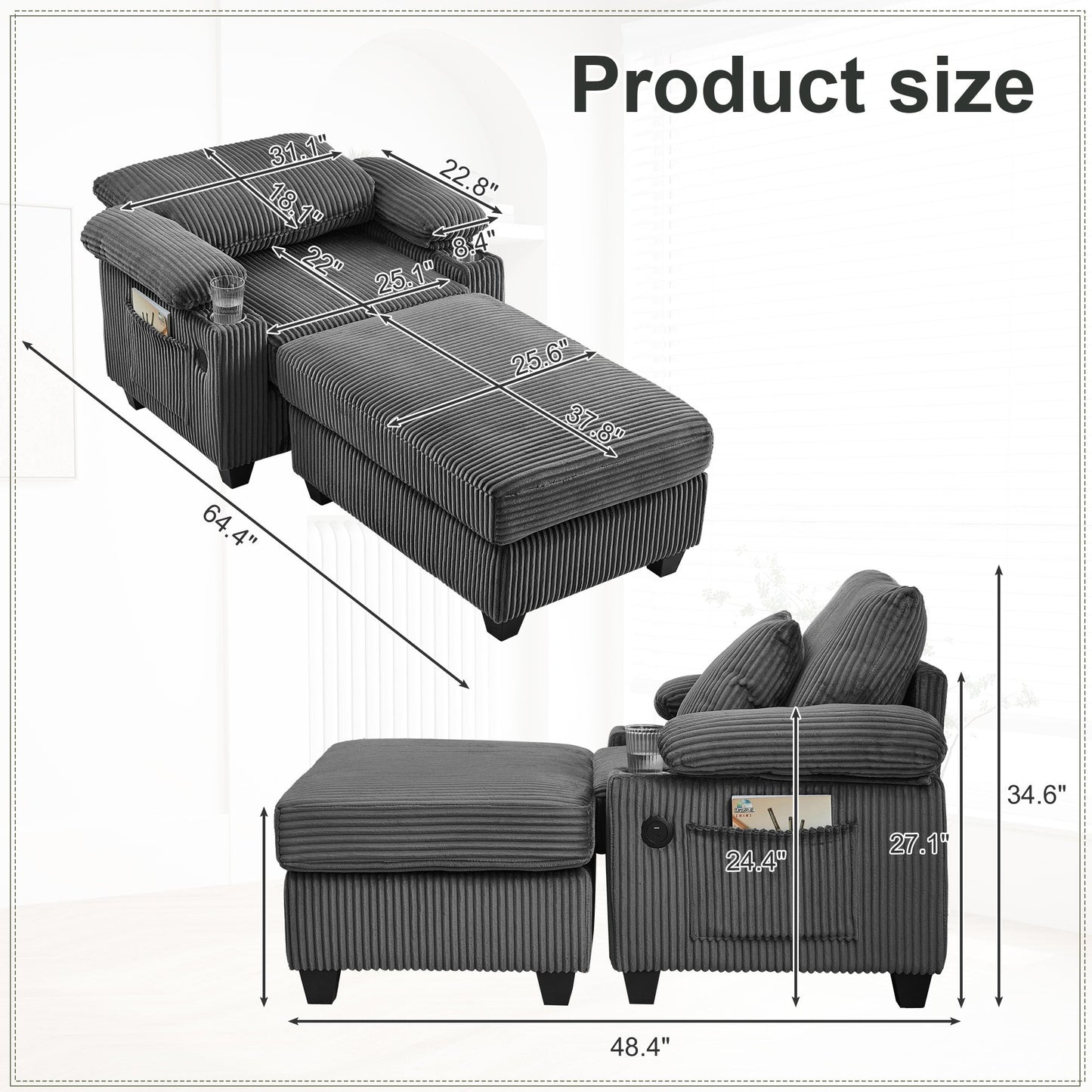Muumblus Living Room Chair with Ottoman, 7-Speed Adjustable Backrest, USB & Storage Arms, Cozy Indoor Corduroy Lounge Armchair