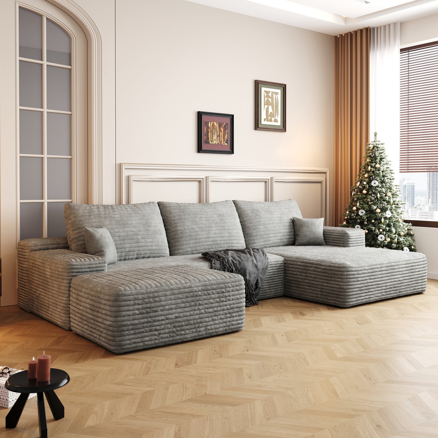 Muumblus 107" Cloud Sectional Sofa with Left Chaise, Cozy U-Shaped Modular Sofa with Ottoman, Plush Corduroy Sleeper Bed Couch, No Assembly Required, Black