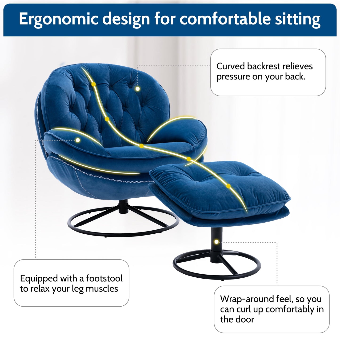 Muumblus Swivel Accent Chair with Ottoman, Modern Velvet Lounge Chair with Footrest, Comfy Armchair with 360 Degree Swiveling for Living Room, Blue
