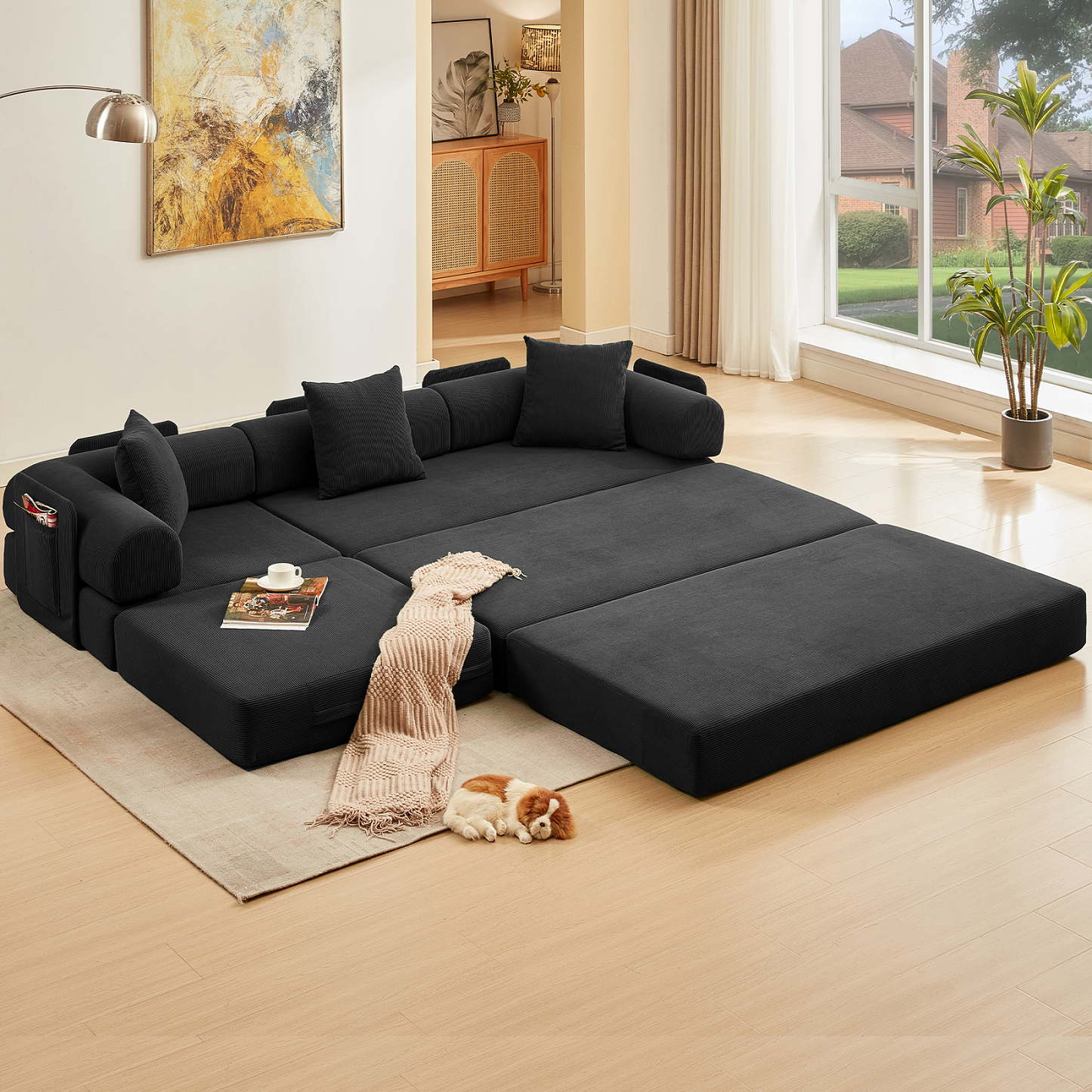 Muumblus L-Shape Convertible Floor Sofa Bed, Comfy Foldable Modular Sleeper Sectional Couch for Living Room, Bedroom