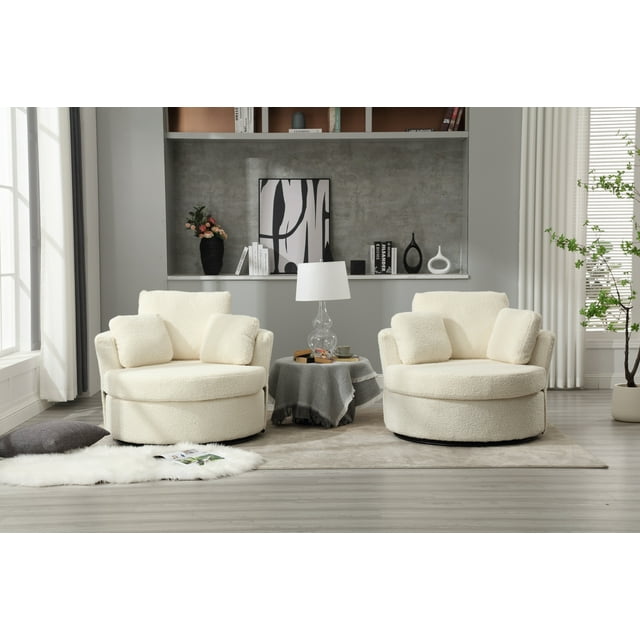 Muumblus Teddy Swivel Accent Chair Barrel Chair, Oversized Comfy Armchair with Pillows, Modern Leisure Sofa Chair for Living Room Bedroom, Ivory