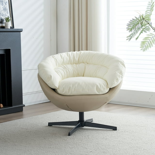 Muumblus Swivel Accent Chair, Leather Barrel Chair for Bedroom, Mid Century Modern Living Room Swivel Chair, Comfy Reading Armchair, ( White and Camel)