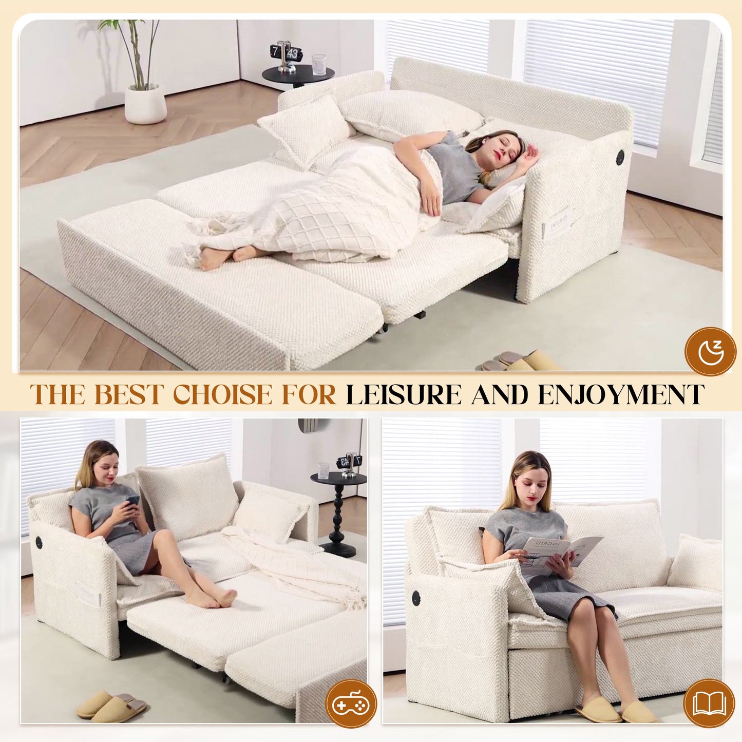 Muumblus  Futon Sofa Bed, Convertible Couch Bed with USB, Corduroy Loveseat Sleeper for Small Spaces, Beige