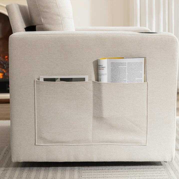 Muumblus Oversized Swivel Accent Chair for Living Room Bedroom, Leisure Single Sofa Armchair with USB Charging Port and Cup Holder, Beige Fabric