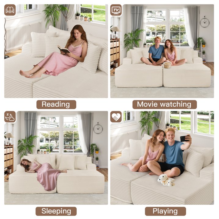 Muumblus 83" Oversized Double Chaise Lounge Chair Indoor, Modern Boneless Plush Corduroy Upholstered Modural Sectional Sleeper Cloud Couch for Living Room Apartment