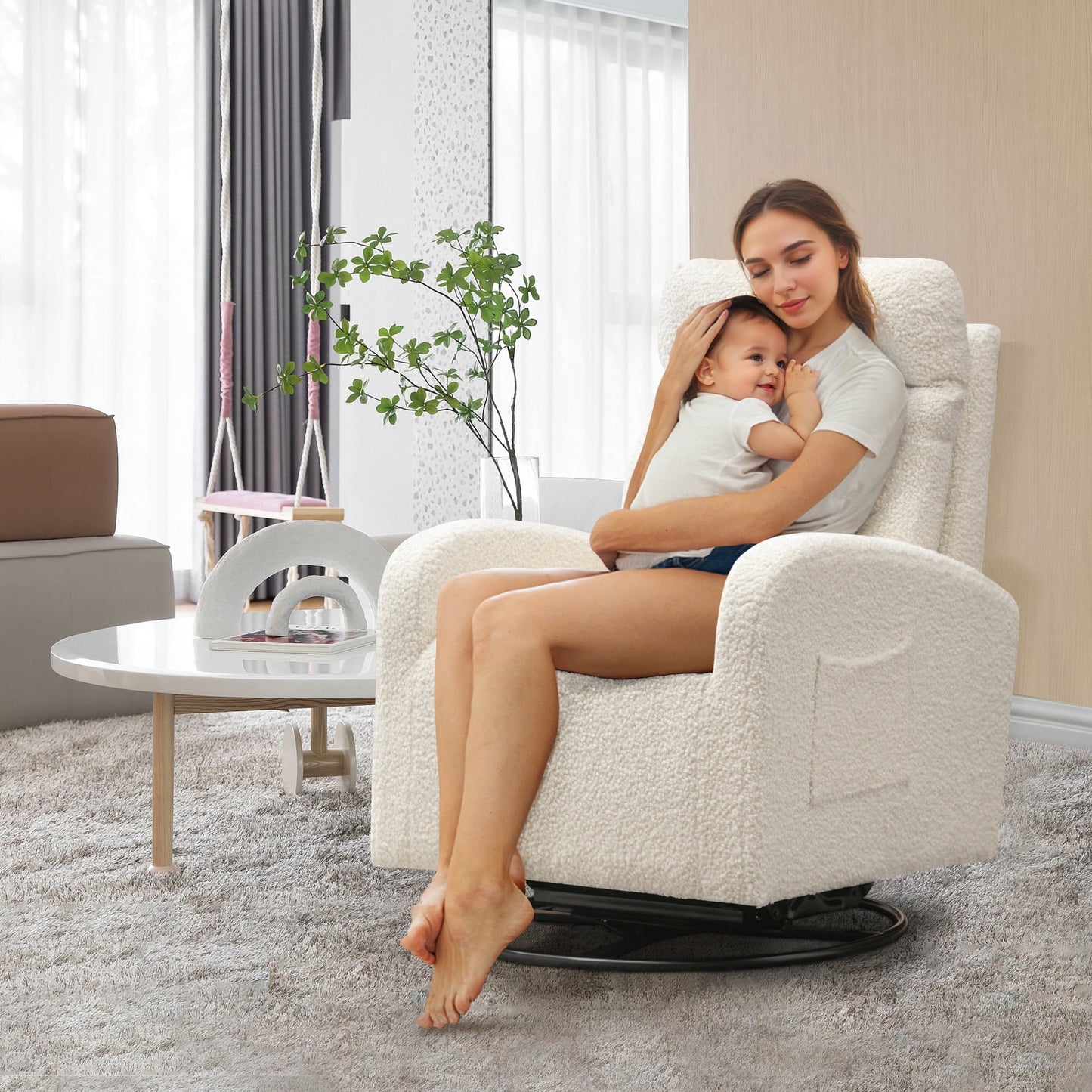 Muumblus Swivel Glider for Nursery, Comfy Swivel Rocking Glider Chair with Comfortable Headrest and Lumbar Pillow