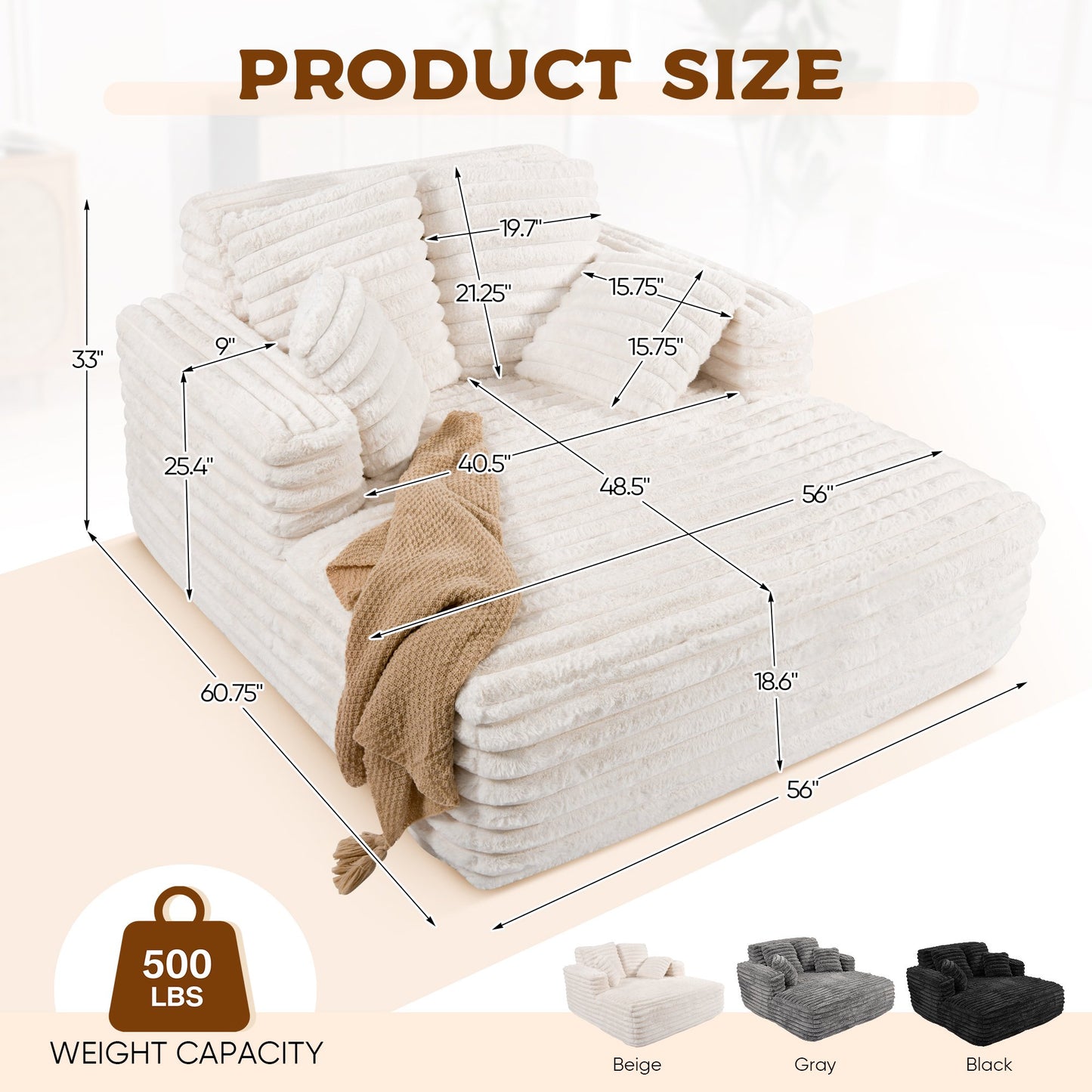 Muumblus Oversized Chaise Lounge Chair Indoor Furniture, No Assembly Required, Plush Corduroy Upholstered Sofa Bed Cozy Sleeper Couch for Living Room, Bedroom