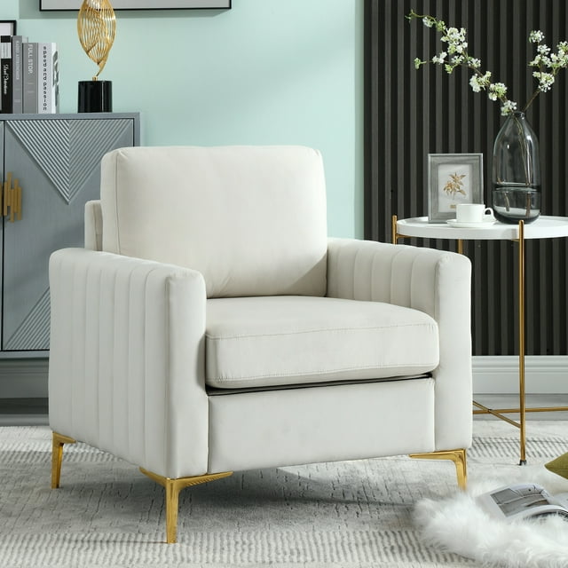 Muumblus Modern Accent Chair, Upholstered Single Sofa Chair Club Arm Chair for Living Room, Comfy Armchair with Metal Legs, Tufted Chair for Reading, Beige Velvet