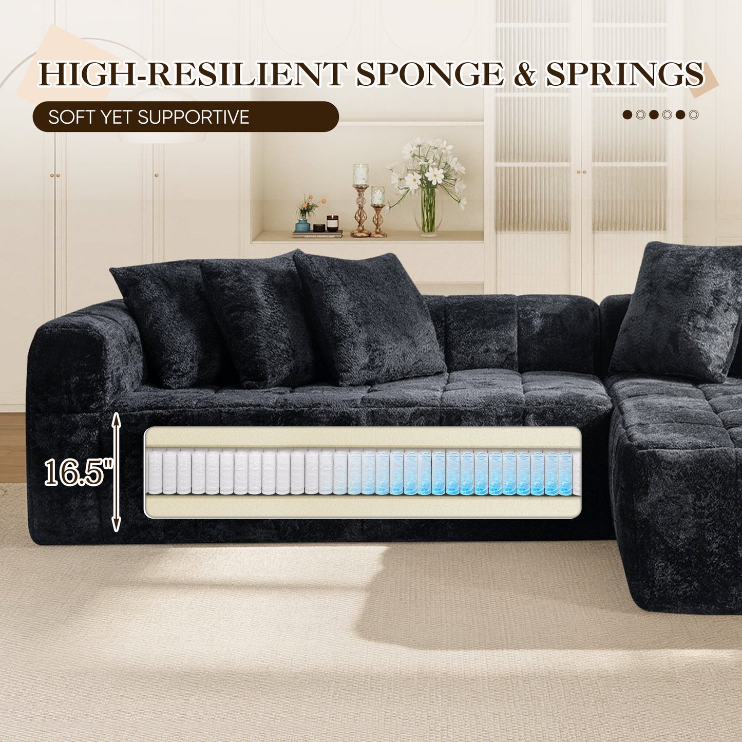 No Assembly Required, Muumblus 108" Oversized Modular Sectional Sofa, L-Shaped Boneless Cloud Couch, Modern Chenille Living Room Floor Sofa, Black (Right Facing Chaise)