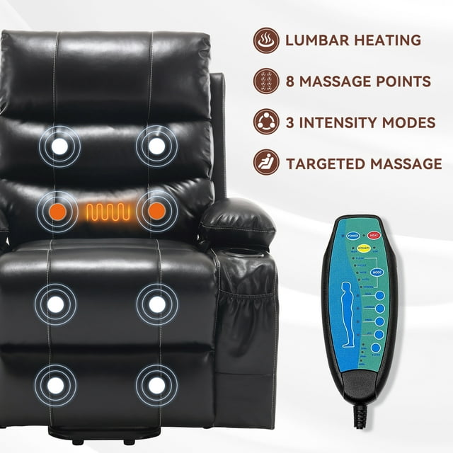Muumblus Power Lift Recliner Chair, Lift Chair For Elderly, Power Recliner with Massage and Heat, Faux Leather Recliner Chair with Cup Holders, Power Lift Recliner for Living Room, Black