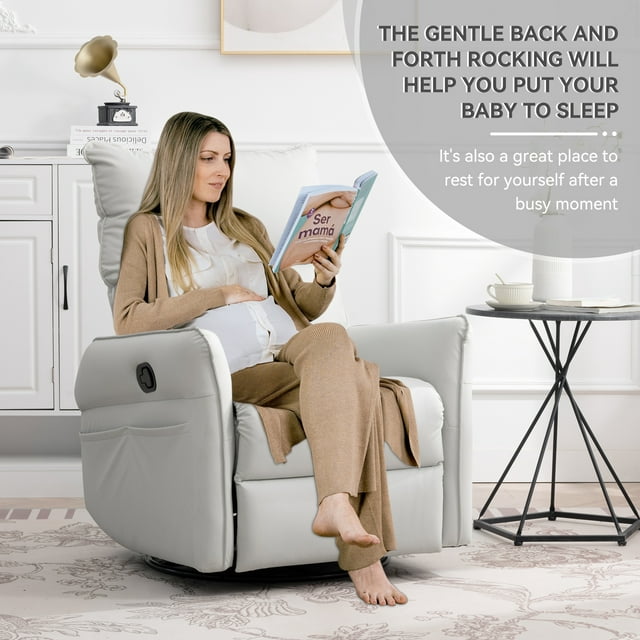 Muumblus Leather Swivel Glider Recliner Chair for Baby Nursery, Modern Upholstered Glider Rocker for Living Room, Bedroom, Light Gray