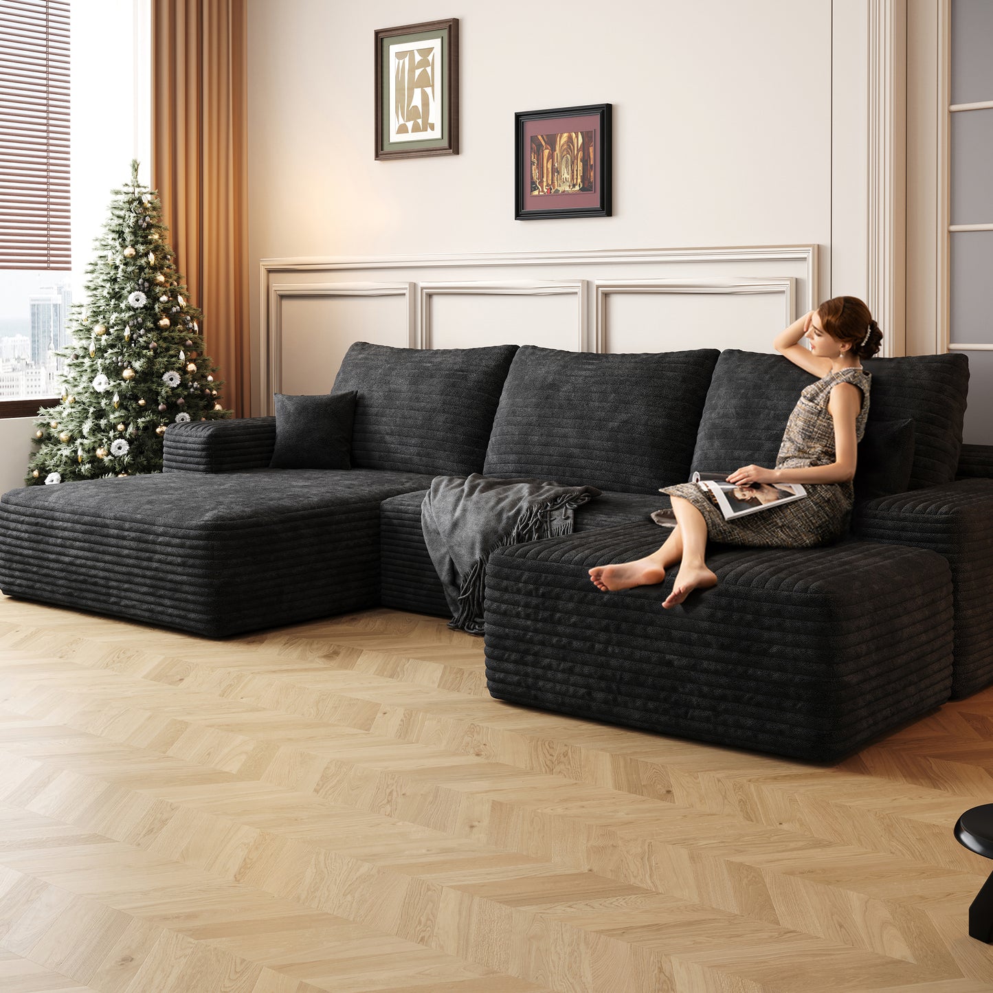 Muumblus 107" Cloud Sectional Sofa with Left Chaise, Cozy U-Shaped Modular Sofa with Ottoman, Plush Corduroy Sleeper Bed Couch, No Assembly Required, Black