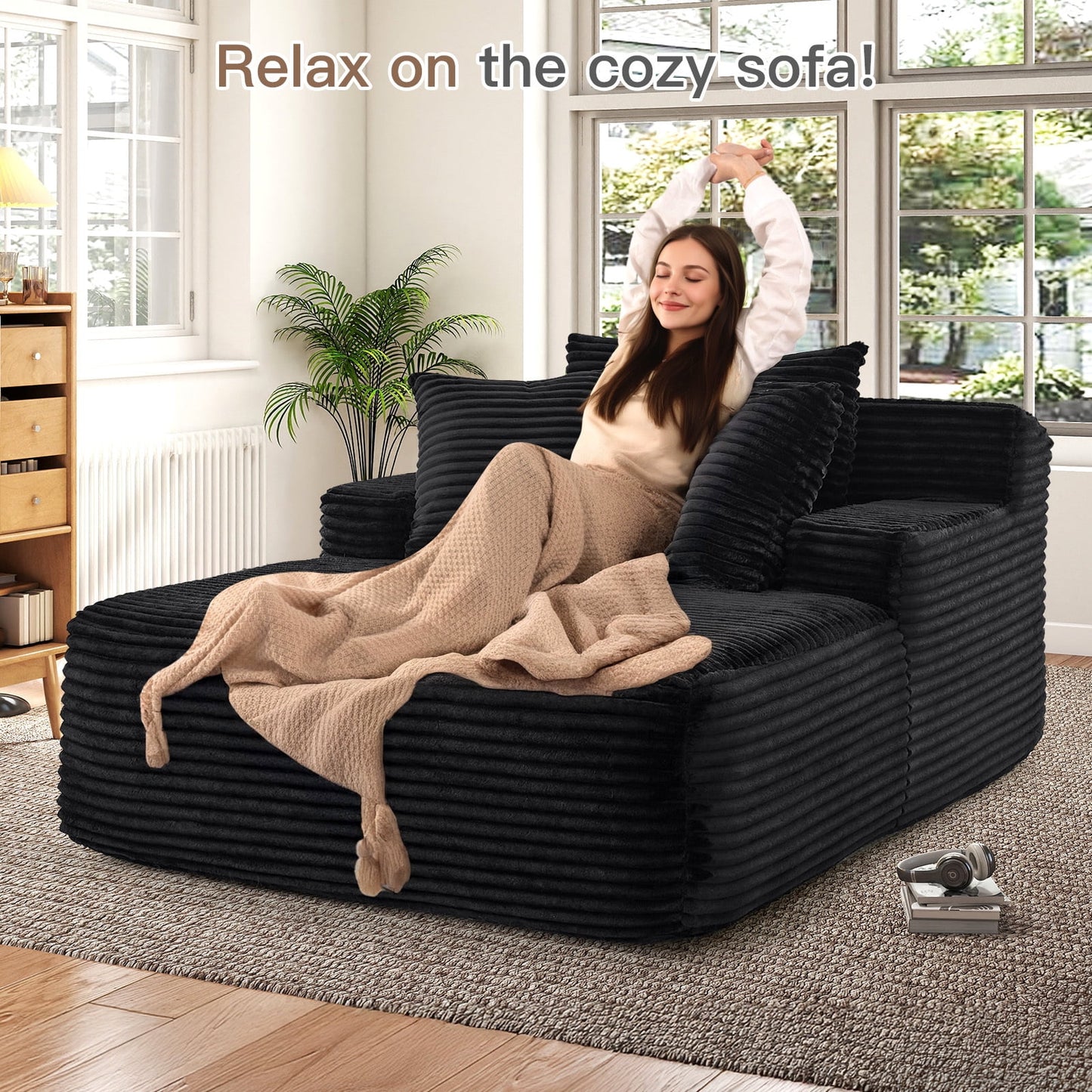 Muumblus Oversized Chaise Lounge Chair Indoor, No Assembly Required, Plush Corduroy Cloud Floor Sofa Bed for Living Room