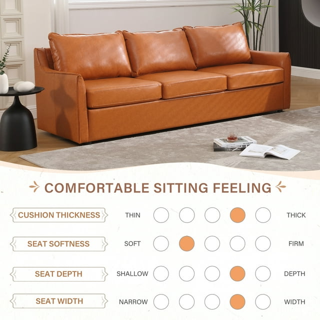 Muumblus 82.7"W Modern Mid-Century Faux Leather 3-Seater Sofa Couch for Living Room, Brown