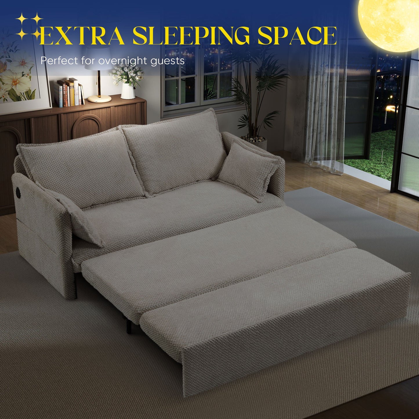 Muumblus  Futon Sofa Bed, Convertible Couch Bed with USB, Corduroy Loveseat Sleeper for Small Spaces, Beige