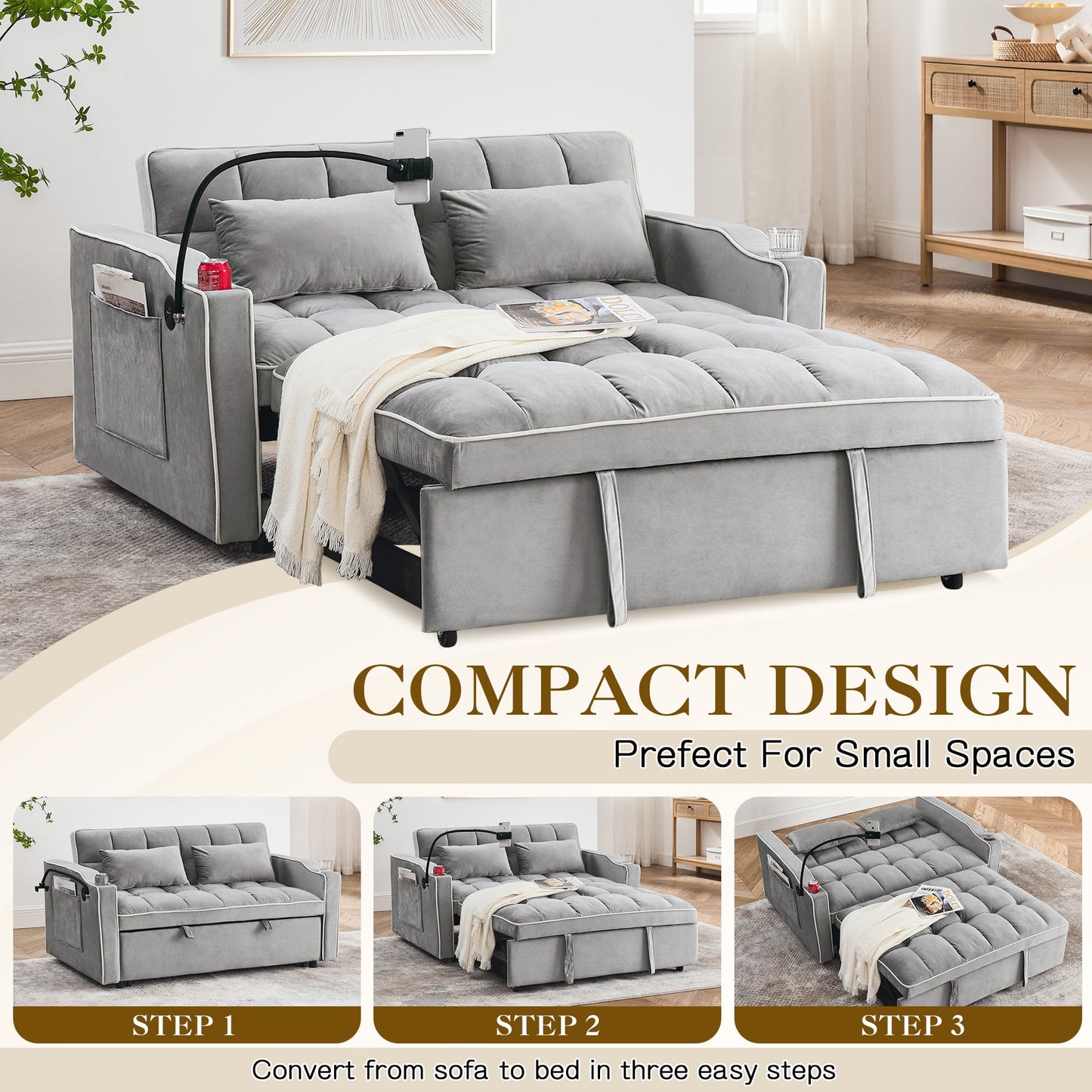 Muumblus 3-in-1 Convertible Futon Sofa Bed, Loveseat Sleeper with Phone Stand, USB, Gray Velvet