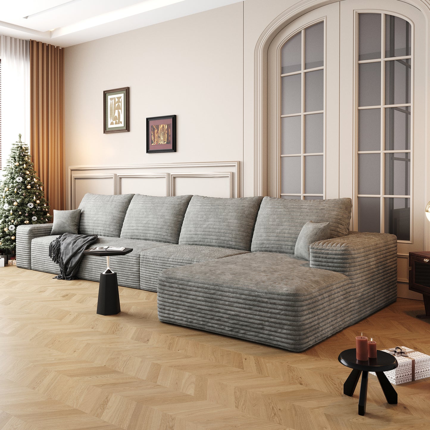 Muumblus 135" Cloud Sectional Sofa with Left Chaise, Cozy L-Shaped Modular Sofa, Plush Corduroy Sleeper Bed Couch, No Assembly Required, Black