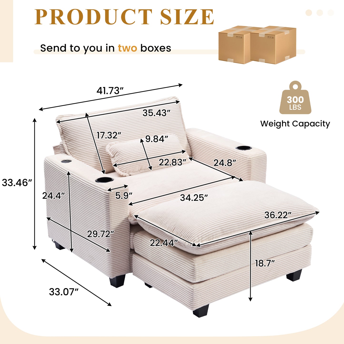 Muumblus 41.7" Oversized Lounge Accent Chair with Ottoman, Indoor Comfy Corduroy Armchair with USB, Beige