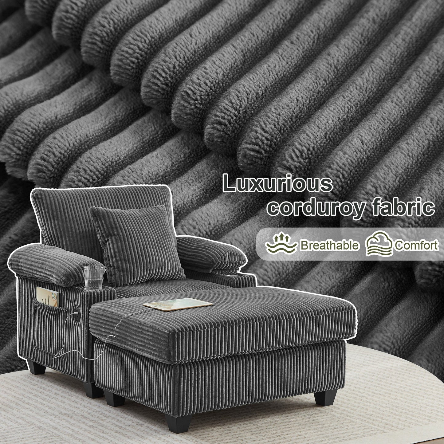 Muumblus Living Room Chair with Ottoman, 7-Speed Adjustable Backrest, USB & Storage Arms, Cozy Indoor Corduroy Lounge Armchair