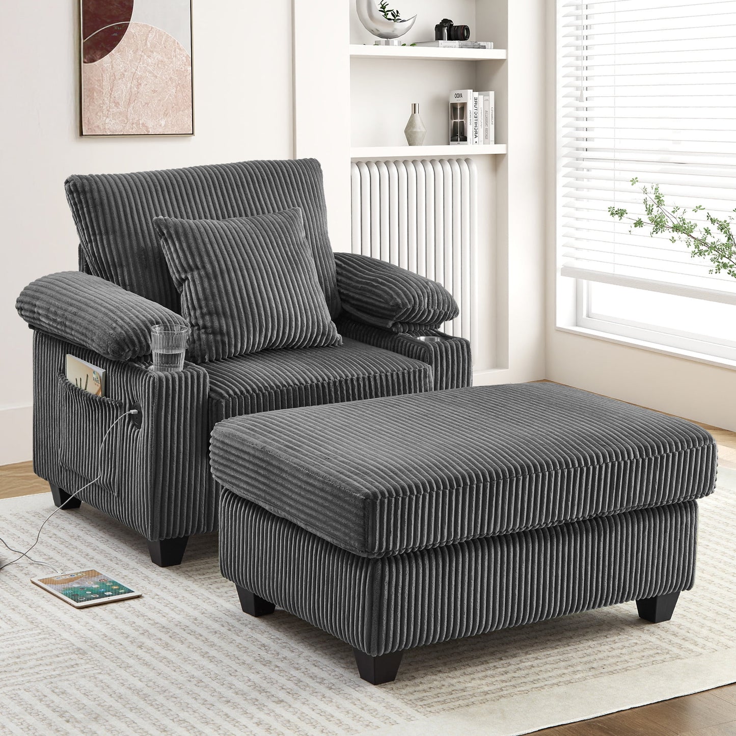 Muumblus Living Room Chair with Ottoman, 7-Speed Adjustable Backrest, USB & Storage Arms, Cozy Indoor Corduroy Lounge Armchair