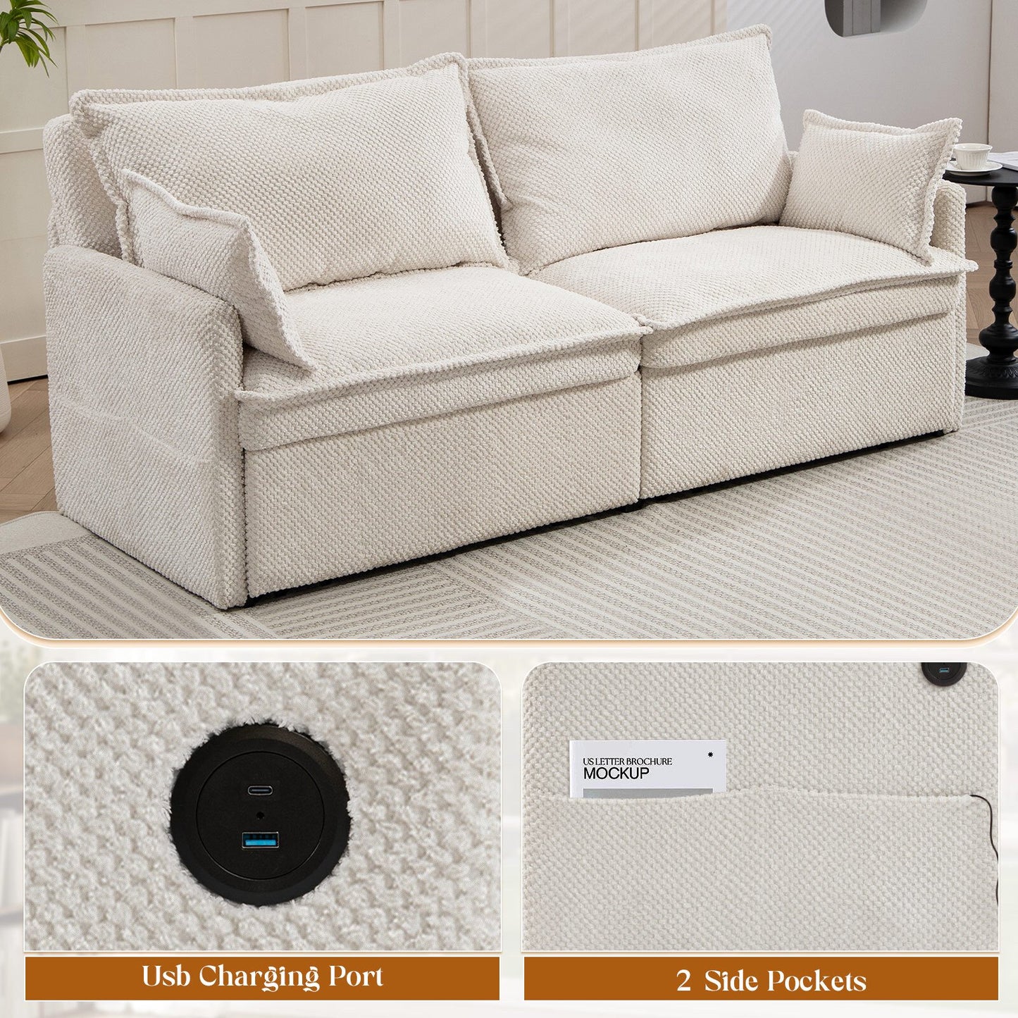 Muumblus  Futon Sofa Bed, Convertible Couch Bed with USB, Corduroy Loveseat Sleeper for Small Spaces, Beige