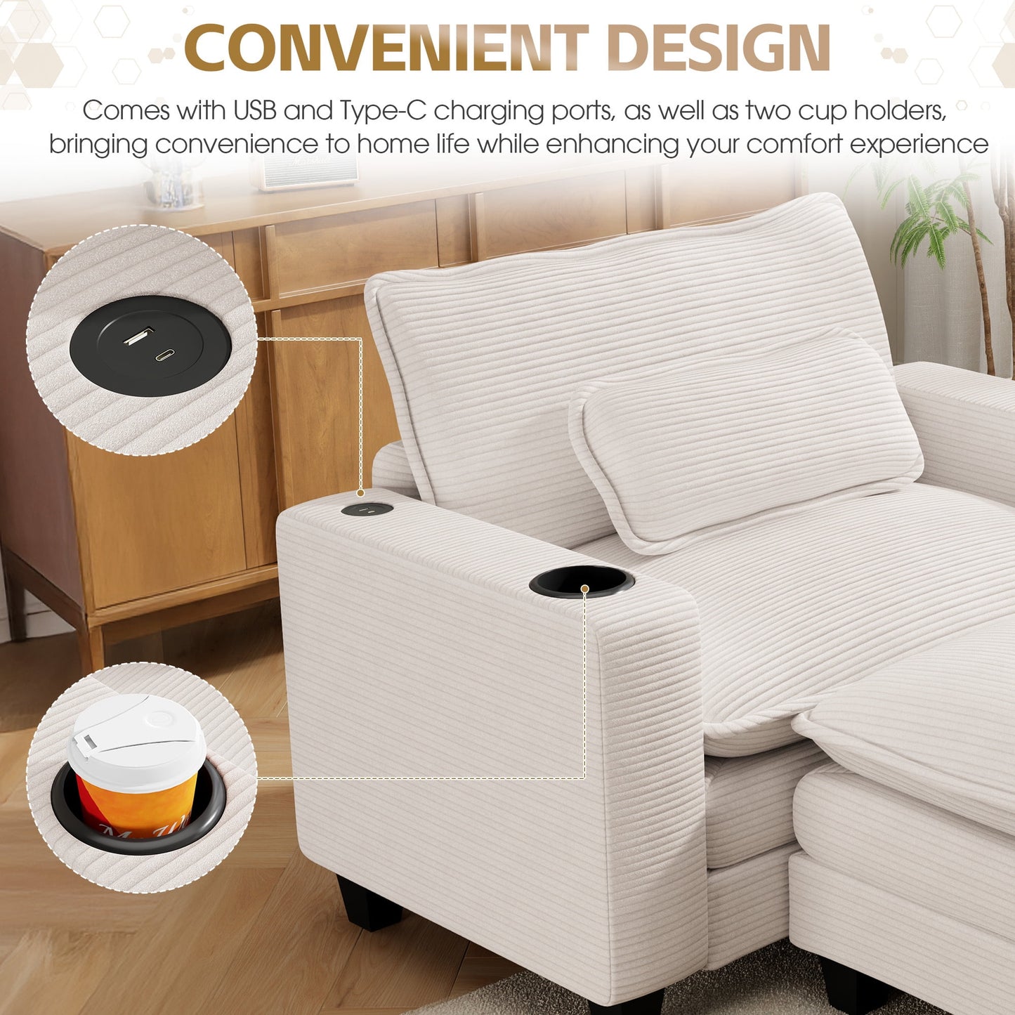 Muumblus 41.7" Oversized Lounge Accent Chair with Ottoman, Indoor Comfy Corduroy Armchair with USB, Beige