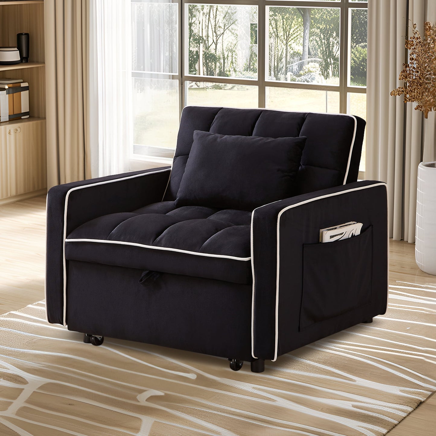 Muumblus 3-in-1 Convertible Chair Bed, Sleeper Chair Lounge Chair Indoor, Modern Single Pull Out Couch for Living Room, Black Velvet