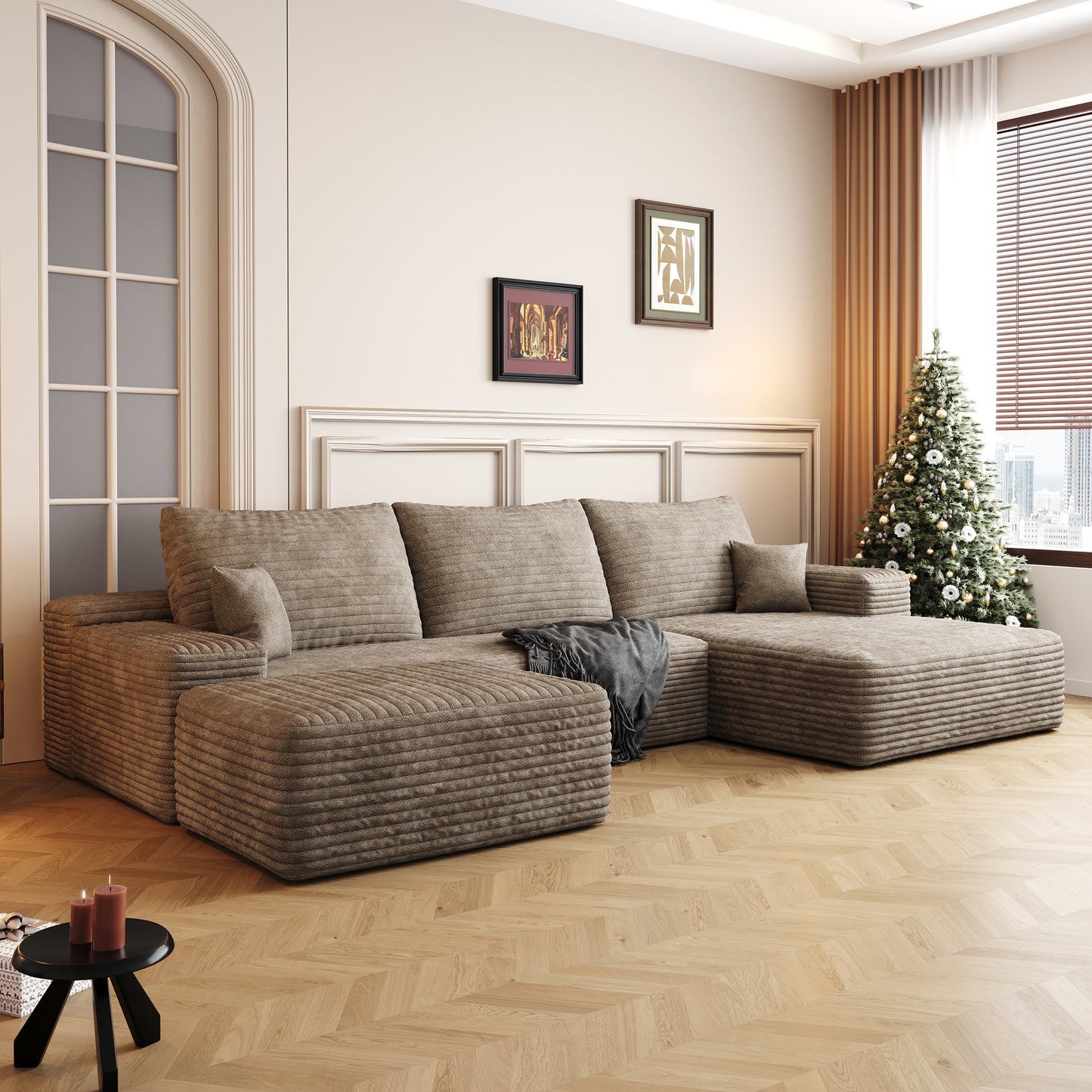 Muumblus 107" Cloud Sectional Sofa with Left Chaise, Cozy U-Shaped Modular Sofa with Ottoman, Plush Corduroy Sleeper Bed Couch, No Assembly Required, Black