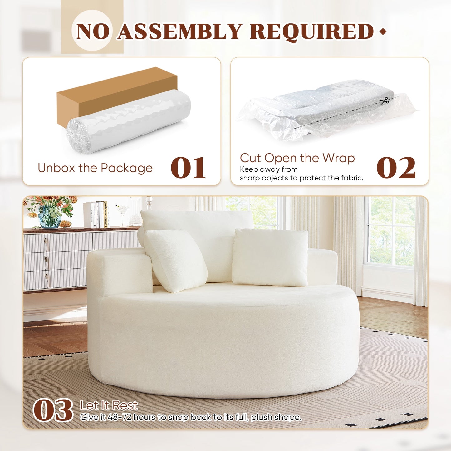Muumblus Oversized Round Lounge Chaise Chair Indoor,Corduroy Boneless Cloud Couch with 3 Pillows, No Assembly Required, Modern Accent Chair for Living Room, Beige Chenille