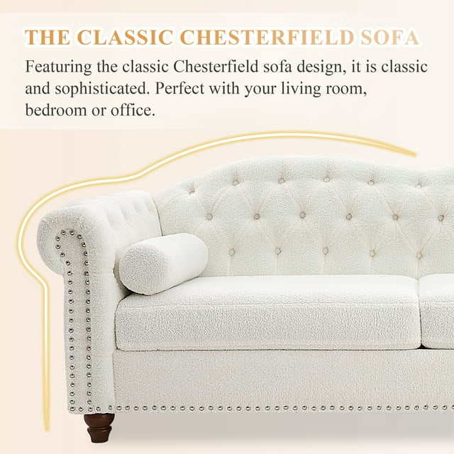 Muumblus 3 Seater Sofa, Chesterfield Sofa with Nailhead Accent Scrolled Arms, 81" Tufted Upholstered Sofa Couch for Living Room, White, Sherpa