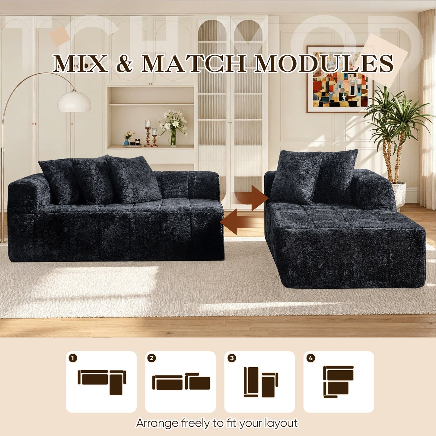 No Assembly Required, Muumblus 108" Oversized Modular Sectional Sofa, L-Shaped Boneless Cloud Couch, Modern Chenille Living Room Floor Sofa, Black (Right Facing Chaise)