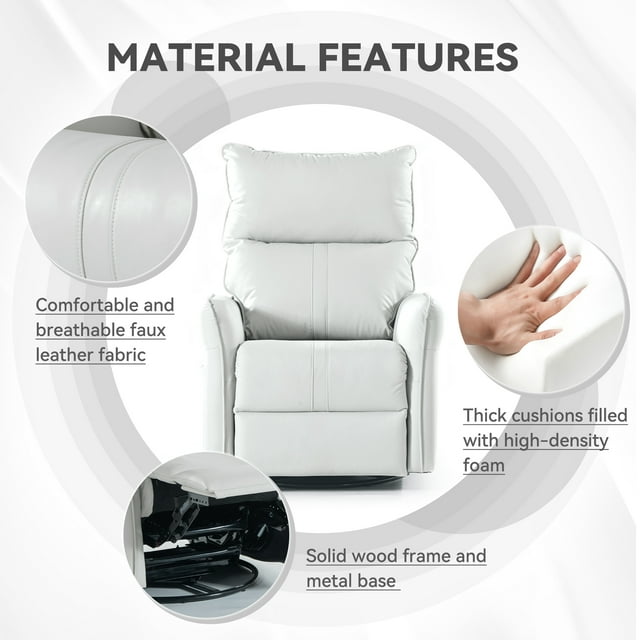 Muumblus Leather Swivel Glider Recliner Chair for Baby Nursery, Modern Upholstered Glider Rocker for Living Room, Bedroom, Light Gray