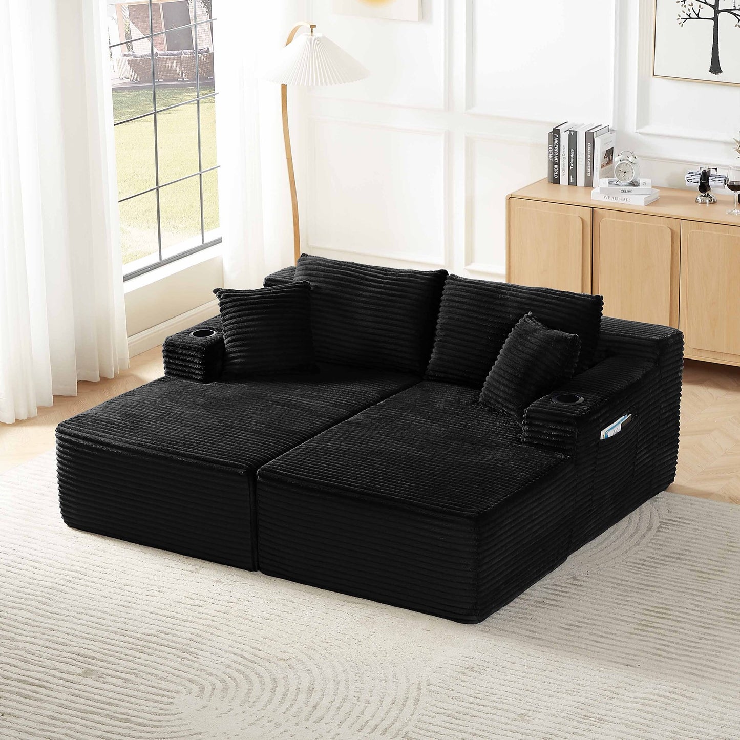 Muumblus 133" Modular Sectional Sofa with 2 Chaise Lounge, U-Shaped Oversized Boneless Cloud Couch, Black Corduroy Sleeper Sofa for Living Room