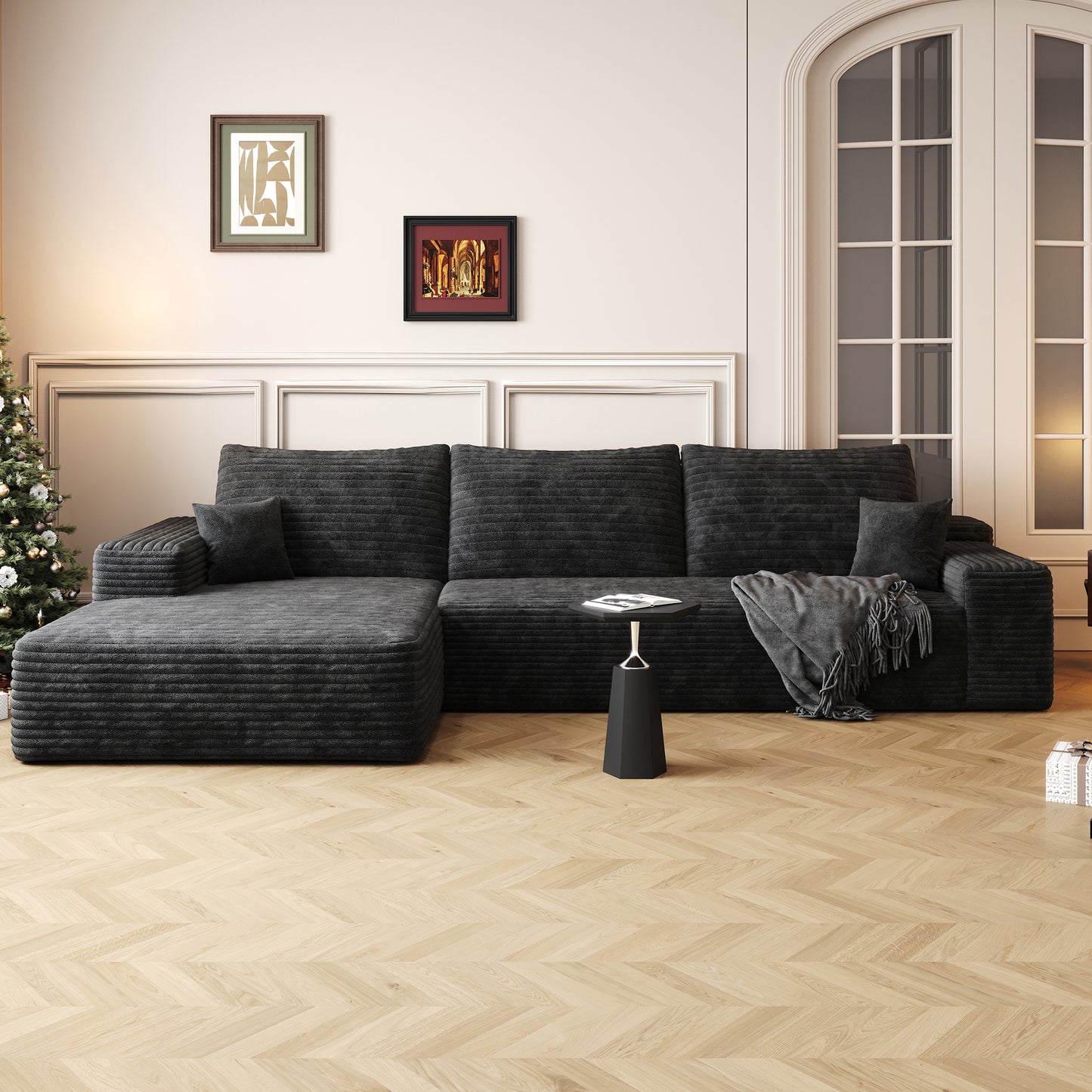 Muumblus 107" Cloud Sectional Sofa with Left Chaise, Cozy L-Shaped Modular Sofa, Plush Corduroy Sleeper Bed Couch, No Assembly Required, Black