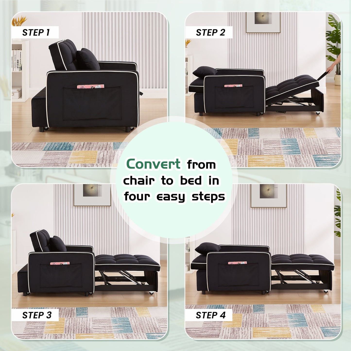 Muumblus 3-in-1 Convertible Chair Bed, Sleeper Chair Lounge Chair Indoor, Modern Single Pull Out Couch for Living Room, Black Velvet